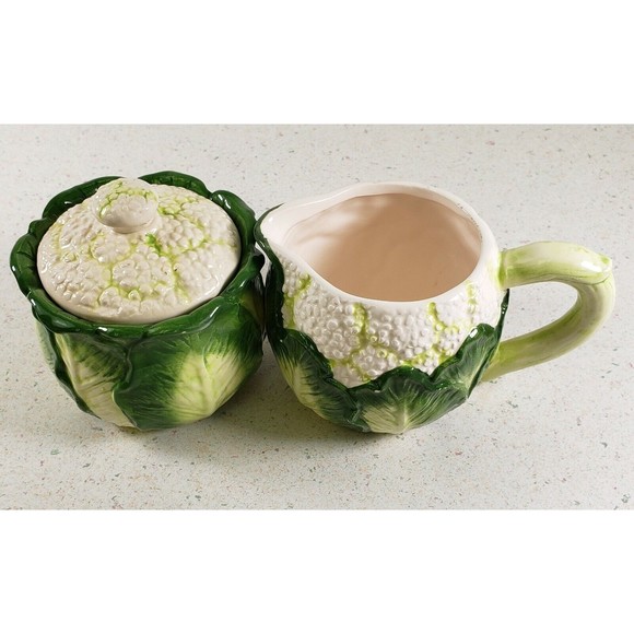 Vintage Hand Painted Cauliflower Creamer Sugar Dish Set  Monte Verde Man - Picture 1 of 12